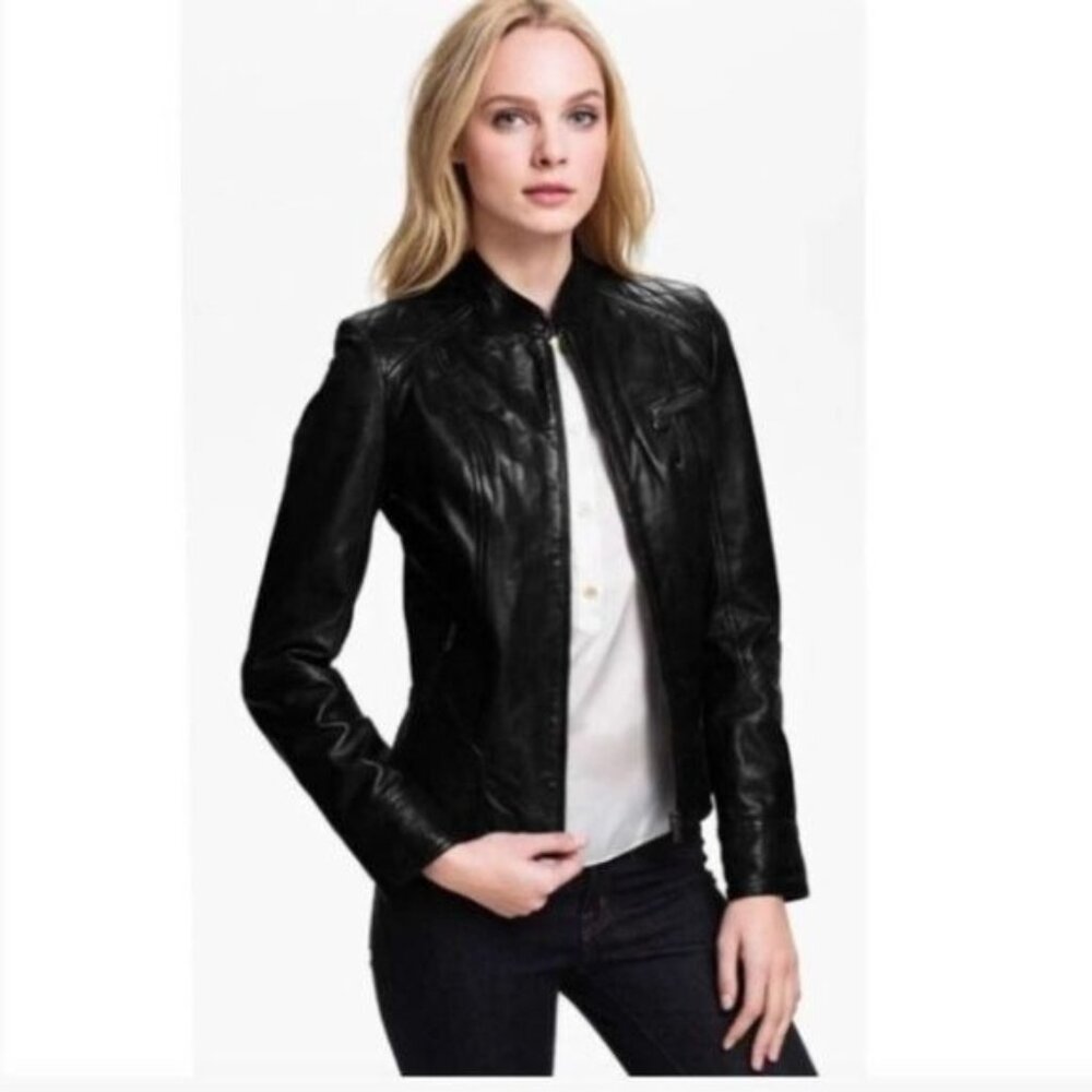 Bod & Christensen Diamond Quilted Shoulder Leather Moto Jacket Large - Picture 12 of 13
